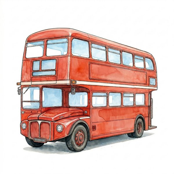Watercolour illustration of a red bus — Transport category